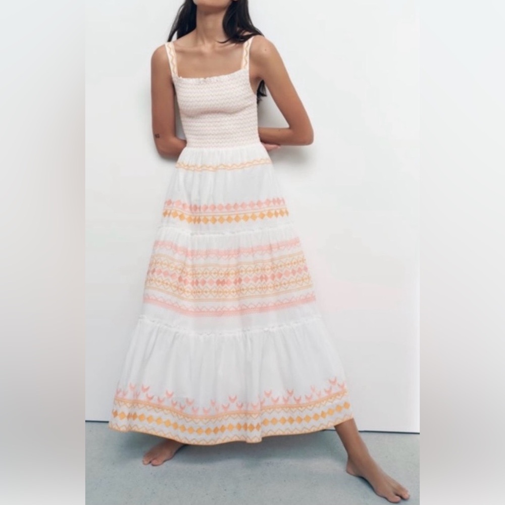 Zara White Maxi Dress with Pink and Orange Accents